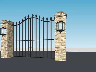 Black Iron Entrance Gate Design With Stone Pillars And Lantern Lights 3d model