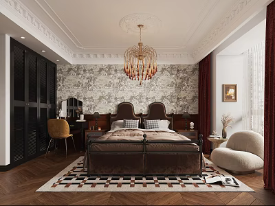 Elegant Bedroom Interior With Chandelier Patterned Wallpaper Dark Brown Bed Rug And Chair 3d model