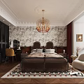 Elegant Bedroom Interior With Chandelier Patterned Wallpaper Dark Brown Bed Rug And Chair