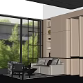 Modern Hotel Public Lounge With Large Windows Greenery Bookshelves And Comfortable Seating