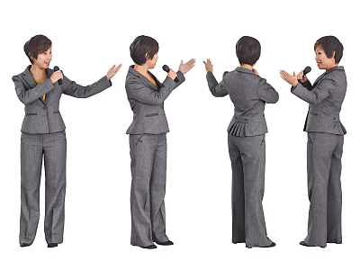 Woman in Gray Business Suit Presenting With Microphone From Different Angles 3d model