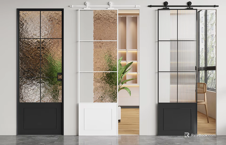 Modern Interior Doors With Glass Panel Designs And Sliding Track Black White Frames Home Decor 3d model 