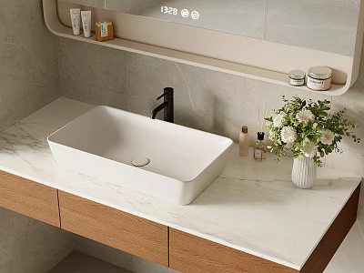 Modern Bathroom Interior With White Rectangular Basin Marble Countertop And Wooden Drawers 3d model