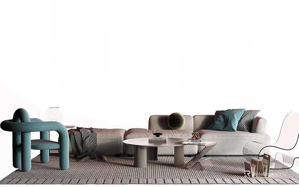 Modern Living Room Gray Sofa Coffee Table Set With Blue Cushions And Decorative Elements 3d model