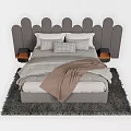 Kids Bed With Unique Scalloped Headboard Gray Upholstered Soft Bedding And Side Nightstand