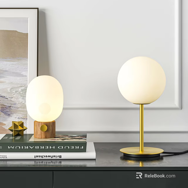 Two Modern Table Lamps with Wooden and Gold Metal Bases Oval and Round Shades 3d model 