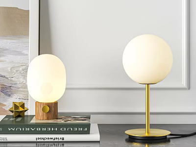 Two Modern Table Lamps with Wooden and Gold Metal Bases Oval and Round Shades 3d model