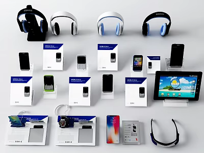 Various Mobile Digital Products Display With Smartphones Headphones Tablets And Packaging 3d model