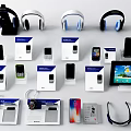 Various Mobile Digital Products Display With Smartphones Headphones Tablets And Packaging