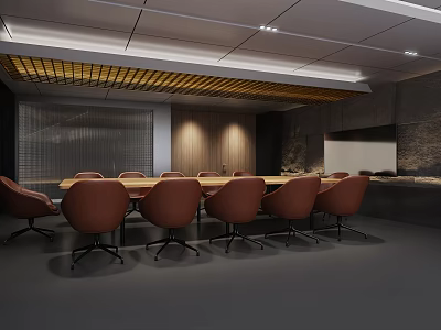 Modern Conference Room Interior With Long Table Brown Chairs And Wooden Ceiling 3d model