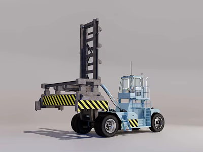 Blue Forklift With Tall Lifting Forks Yellow Black Warning Stripes Operator Cab And Large Wheels 3d model