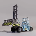 Blue Forklift With Tall Lifting Forks Yellow Black Warning Stripes Operator Cab And Large Wheels