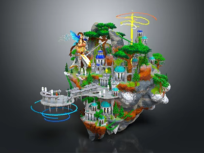 Cartoon Scene Featuring Floating Island With Fairy Castles Trees Bridges And Glowing Structures 3d model