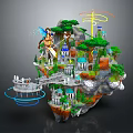 Cartoon Scene Featuring Floating Island With Fairy Castles Trees Bridges And Glowing Structures
