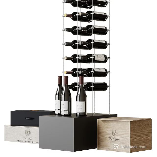 Modern Metal Frame Wine Cabinet With Wine Bottles And Wooden Storage Boxes 3d model 