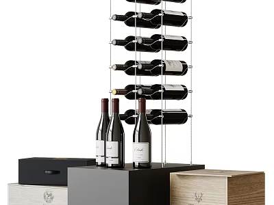 Modern Metal Frame Wine Cabinet With Wine Bottles And Wooden Storage Boxes 3d model