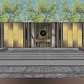 Modern Feature Wall With Golden Panels Circular Decoration And Trees Surrounding 3d model