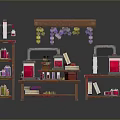 Laboratory Workbench Setup with Wooden Shelves Purple Hanging Items and Scientific Equipment