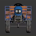 Blue And Orange Tractor With Open Trailer And Seats On Black Background