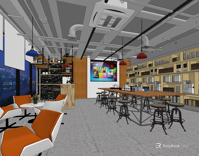 Modern Office Interior Design With Open Layout Workstations Sofas And Wooden Bookshelves 3d model 