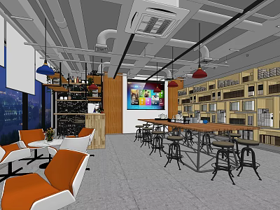 Modern Office Interior Design With Open Layout Workstations Sofas And Wooden Bookshelves 3d model