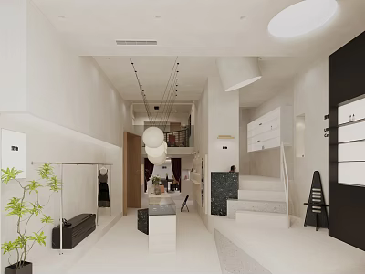 Modern Clothing Store Interior With Display Racks Mirrors Staircase And Green Plants 3d model