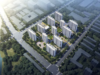 Elevated View Of Modern Residential Buildings With Surrounding Greenery And Road Network 3d model