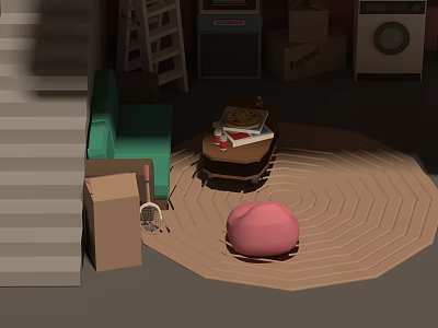 Cartoon Scene With Green Sofa Brown Table Pizza Drinks Pink Cushion Ladder And Cardboard Boxes 3d model