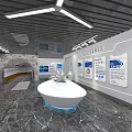 Modern Tech Exhibition Hall With White Central Installation And Blue Display Panels 3d model