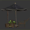 Cartoon Fruit Stall Scene With Blue Umbrella Wooden Chair Green Sign And Watermelon Baskets