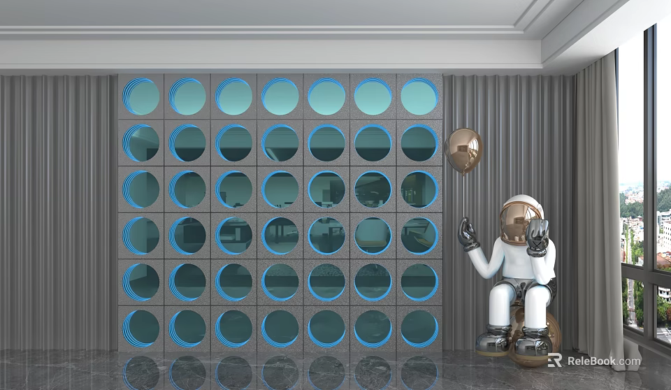 Decorative Background Wall with Blue Circular Patterns and Square Tiles Astronaut Figurine and Golden Balloon 3d model 