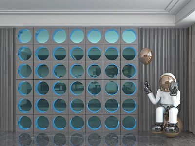 Decorative Background Wall with Blue Circular Patterns and Square Tiles Astronaut Figurine and Golden Balloon 3d model