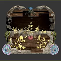 Open Decorated Wooden Treasure Chest With Gold Coins And Colorful Flower Vines Leaves