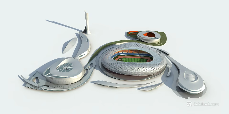 Modern Architectural Complex With Sleek Stadium And Curved Metallic Surrounding Structures 3d model