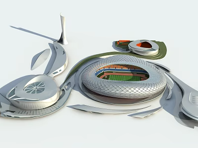 Modern Architectural Complex With Sleek Stadium And Curved Metallic Surrounding Structures 3d model
