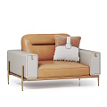 Two Brown Leather Single Sofas with Golden Legs and Striped Pillows 3d model