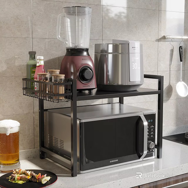 Modern Black Metal Kitchen Storage Rack With Blender Rice Cooker And Microwave 3d model 