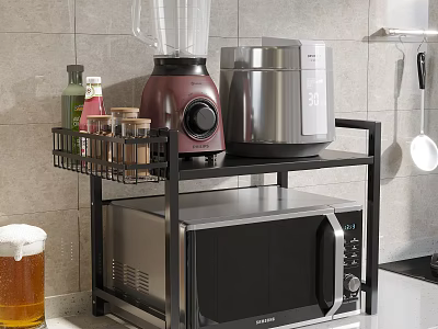 Modern Black Metal Kitchen Storage Rack With Blender Rice Cooker And Microwave 3d model