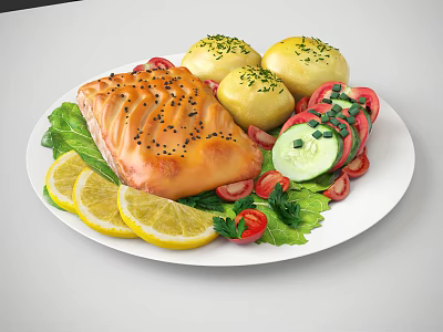 Roasted Salmon With Sesame Seeds Herbed Potatoes And Fresh Vegetable Salad With Lemon Slices 3d model