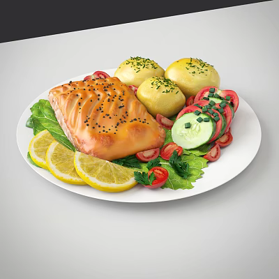 Roasted Salmon With Sesame Seeds Herbed Potatoes And Fresh Vegetable Salad With Lemon Slices 3d model