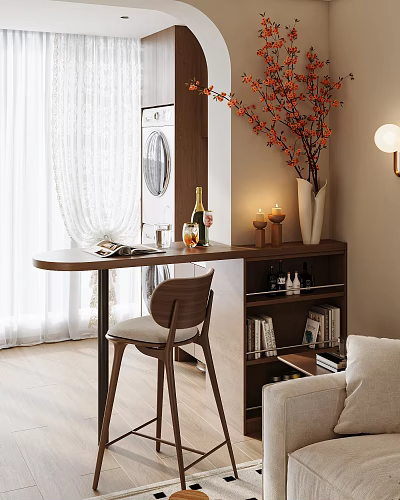 Cozy Home Bar Counter With Wine Bottles Candles Magazine Chair Bookshelf And Orange Flowers 3d model