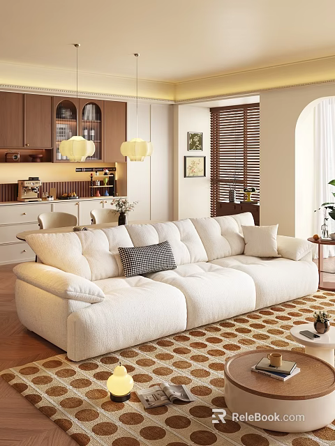 Plush Cream White Sofa And Side Table Combination For Warm Cozy Home Living Room Decor 3d model 