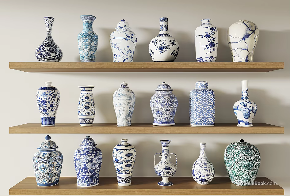 Blue And White Ceramic Vessels Displayed On Wooden Shelves With Various Designs 3d model 