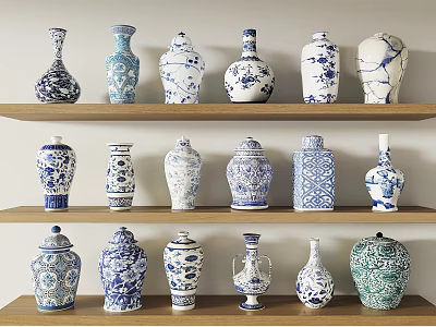 Blue And White Ceramic Vessels Displayed On Wooden Shelves With Various Designs 3d model
