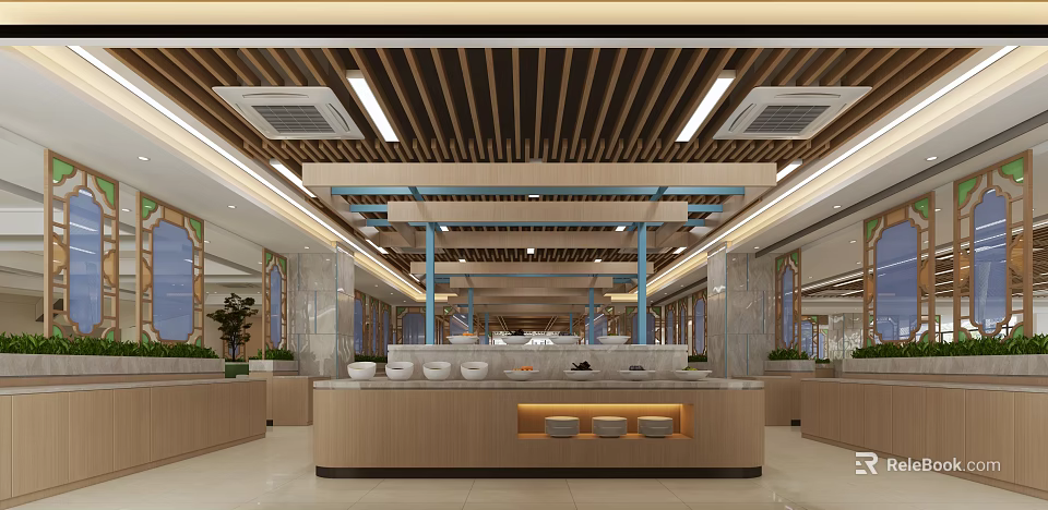 Spacious Modern Restaurant Interior With Wooden Ceiling Lighting Fixtures Dining Counters And Marble Walls 3d model 