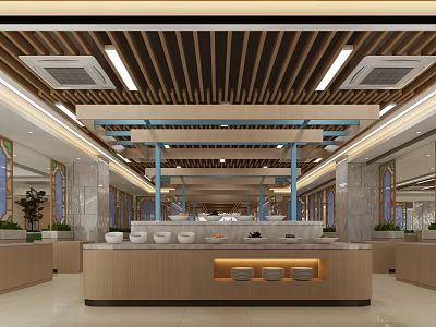 Spacious Modern Restaurant Interior With Wooden Ceiling Lighting Fixtures Dining Counters And Marble Walls 3d model