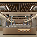 Spacious Modern Restaurant Interior With Wooden Ceiling Lighting Fixtures Dining Counters And Marble Walls