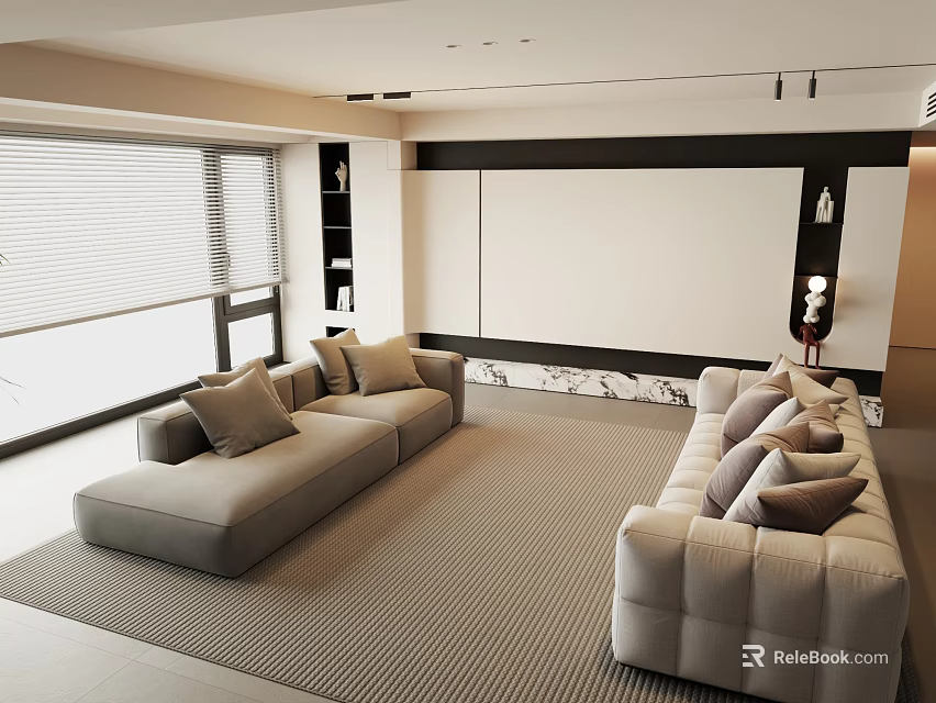 Beige Sectional Sofa in Modern Living Room with Window Blinds and TV Wall 3d model 