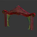 Red Entrance Gate With Ornate Arch Design And Golden Curtains Decorative Details