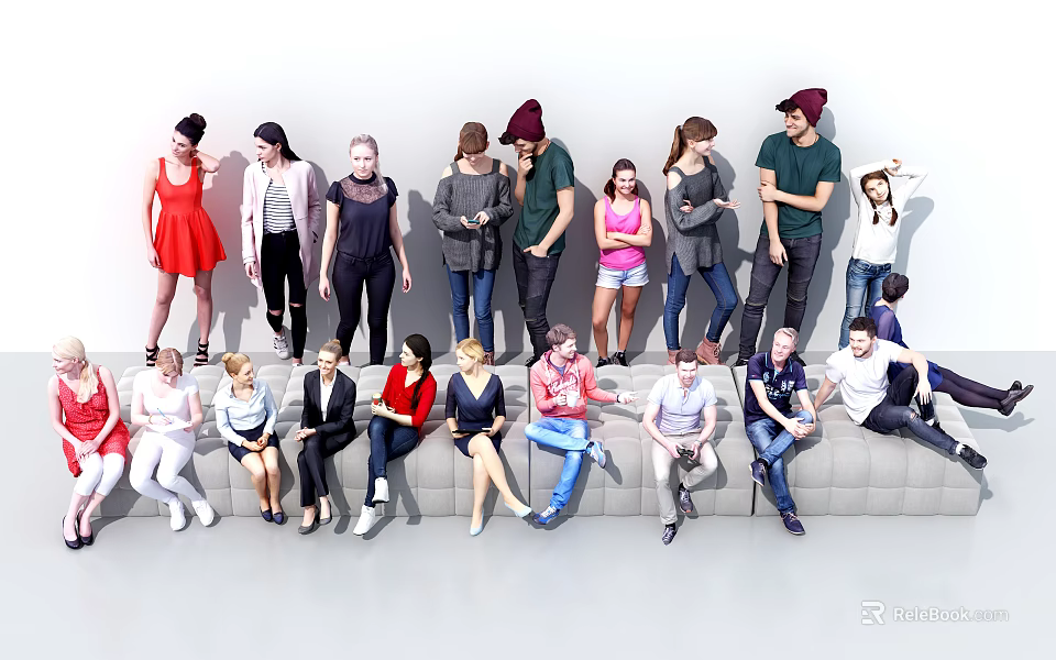 Diverse Group Of People Standing Sitting In Various Casual Attire Poses 3d model 